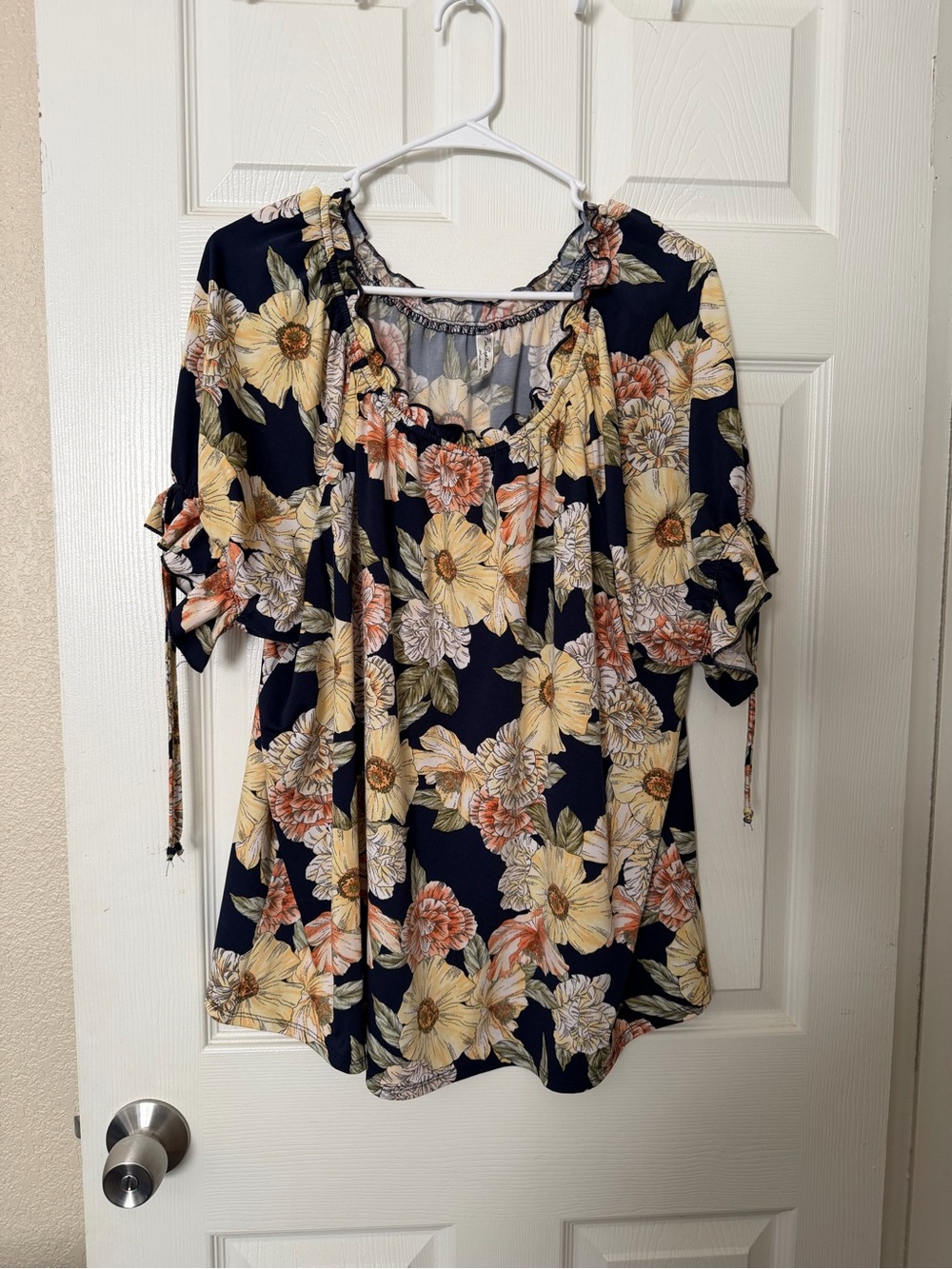 Perseption Navy Floral Ruffle Tie-Sleeve Blouse